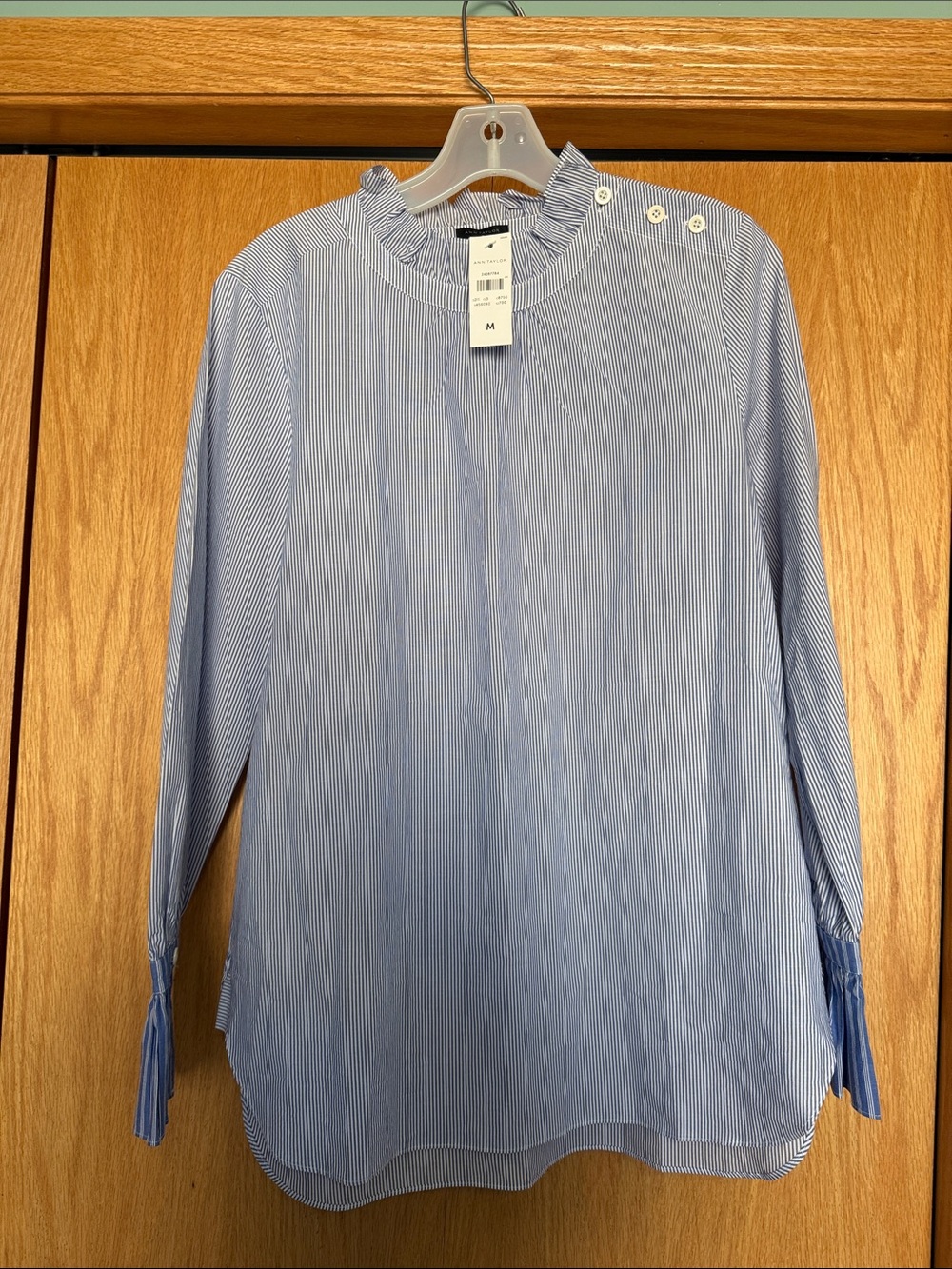Ann Taylor Medium Blue and White Striped Ruffled Neck Blouse